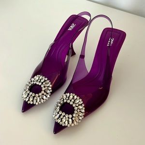 Zara Brand New vinyl slingback embellished crystal heels 36